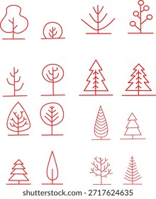 Minimal red line tree icon set with abstract forest shapes. Clean outline symbols for logos, apps, UI, ecology themes, and modern nature design.