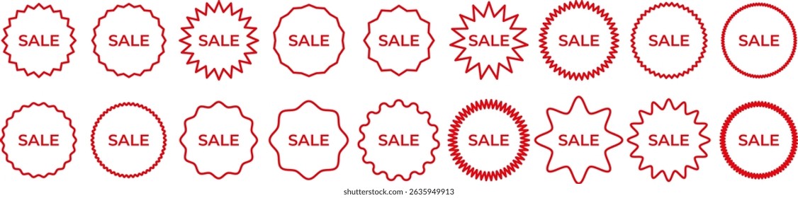 Minimal red outline badges with "SALE" text in dynamic starburst and wavy shapes. Great for UI, banners, store tags, and clean ecommerce promotion design