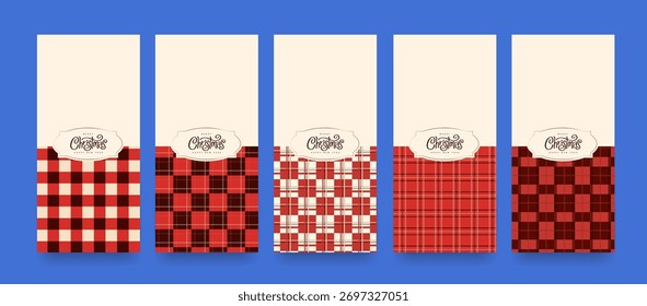 Minimal red plaid pattern background collection with elegant label design for Christmas greeting cards, festive wrapping paper, and holiday decoration themes.