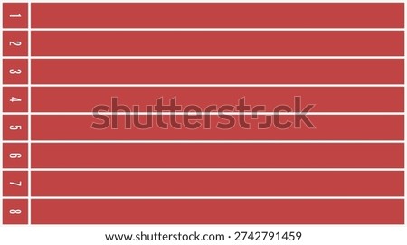 Minimal red running track background with numbered lanes 1–8. Clean top view athletics track texture ideal for sports design, banners, posters, fitness and competition themes.