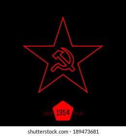 The minimal red star with socialist symbols made of thin lines on black background