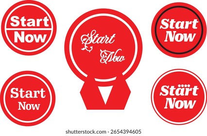 Minimal red start now speech pointer circle badge vector for digital advertising promotion