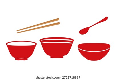 Conjunto de ilustración de vajilla roja mínima con cuencos, palillos y cuchara en un estilo plano limpio, diseñado para gráficos de cocina asiática, iconos de comida, menús y proyectos de diseño de cocina simples.