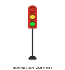 Minimal red traffic light icon with yellow and green signals on long black pole in flat style