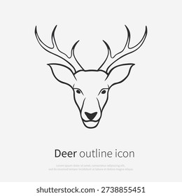 Minimal reindeer head front view with large antlers line art  vector illustration in clean outline style. Face deer front view, isolated on white background.