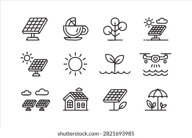 Minimal Renewable Energy Icons Featuring Solar Panels and Sun Power