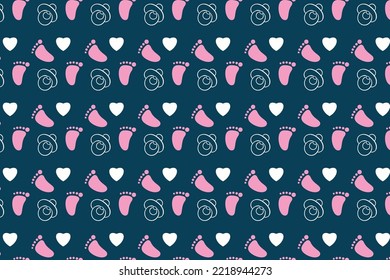 Minimal repeating pattern decoration for childish background. Kid's book cover and bed sheet pattern decoration with love and foot shapes. Seamless childish pattern design on a dark background.