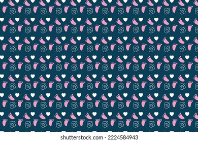 Minimal repeating pattern decoration for childish background. Kid's book cover and bed sheet pattern decoration with love and foot shapes. Seamless childish pattern design on a dark background.
