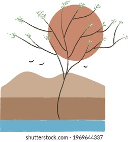 representación mínima de un paisaje con árboles y sol