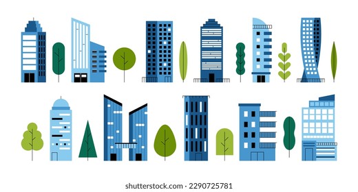 Minimal residential buildings. Geometric cityscape with skyscraper trees simple flat city constructor. Vector flat set