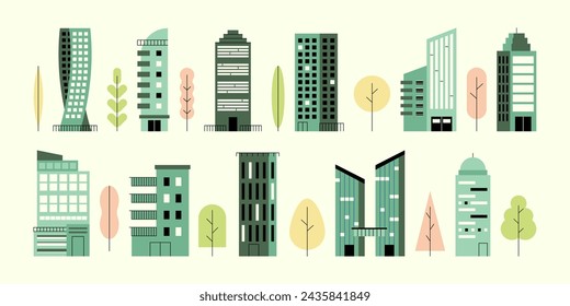 Minimal residential buildings. Geometric cityscape with skyscrapers and trees, simple flat city constructor. Vector set.