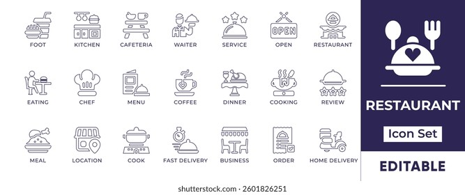 Minimal restaurant line icon set featuring food, drink, dining, chef, cutlery, kitchen, menu, fast food, fine dining, and café-related icons.