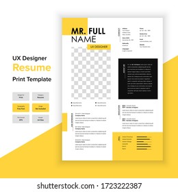 Minimal Resume And Cover Letter Template Layout With Yellow Color. UX Designer & Graphic Designer Resume Template.