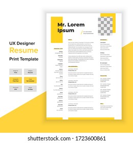 Minimal Resume And Cover Letter Template Layout With Yellow Color. UX Designer & Graphic Designer Resume Template.