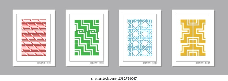 Minimal Retro geometric pattern background, vector abstract triangle and square lines art. Yellow, blue, red and green color, trendy bauhaus pattern backgrounds set