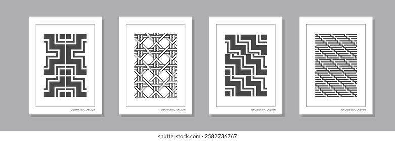 Minimal Retro geometric pattern background, vector abstract triangle and square lines art. black and white trendy bauhaus pattern backgrounds set