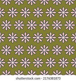 Minimal Retro Geometric Style Daisy Flowers Seamless Trendy Pattern Chic Fashion Colors Perfect for Allover Fabric Print Olive Green Background