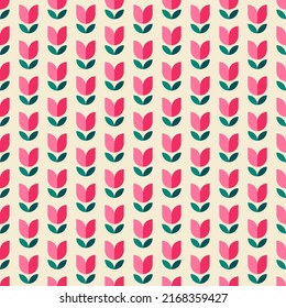 Minimal retro geometric tulip and leaf seamless pattern background.