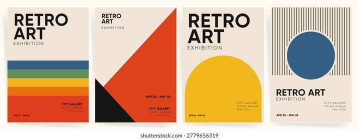 Minimal Retro Poster Vector Collection with Bold Geometric Circles, Lines, Triangles, Color Bands and Exhibition Design Layouts