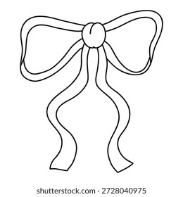 Minimal ribbon bow illustrated with thin lines in doodle style, isolated on white. Soft and playful decorative element representing presents, joy and festive mood