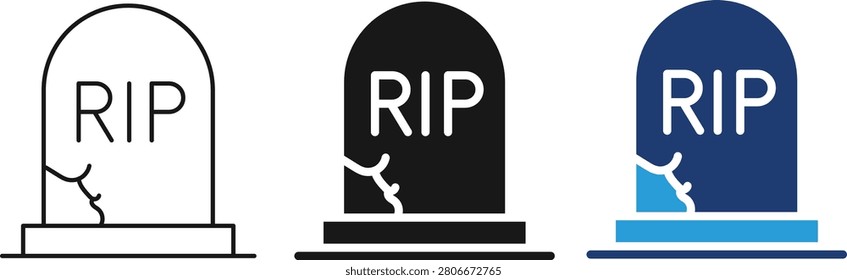 Minimal RIP Tombstone Icon Set, Halloween Grave Outline Symbol Collection for Cemetery Horror Party Spooky Memorial and Gothic Design