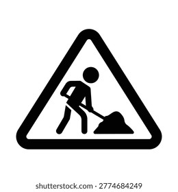 Minimal road work warning icon with worker digging inside a triangle sign. Ideal for construction zones, traffic safety signage, maintenance, and infrastructure projects.