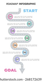 Infográfico de mapa mínimo com caminho pontilhado, círculos numerados coloridos e ilustração de vetor de seta para meta