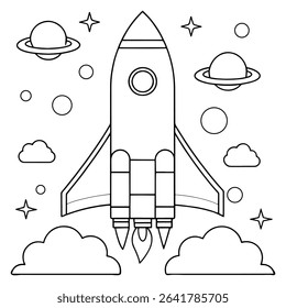 Minimal rocket ship outline flying across planets in a cosmic and clean space illustration