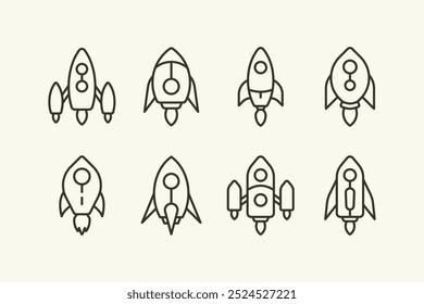 Minimal rocket and spaceship line stroke illustration icon set design with various style