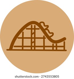 Minimal roller coaster line icon in brown on beige circle background, theme park ride symbol with simple flat design style.