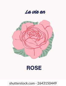Ilustração de Rosa Mínima com "La Vie en Rose" Slogan - Linha Elegante Design de Arte