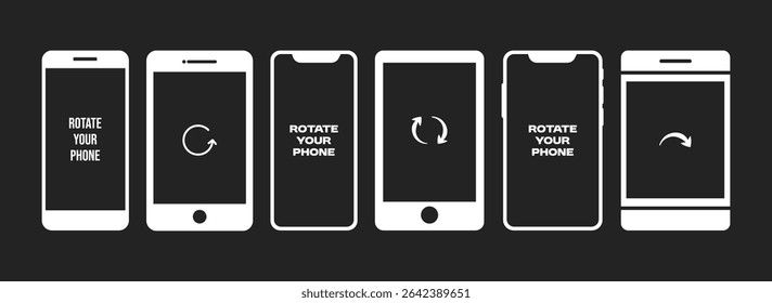 Ícones mínimos de rotação do telefone definidos. Mockups de interface de vetor com smartphones e setas de rotação. Limpe elementos monocromáticos para UX, prompts de interface do usuário, alertas de orientação móvel e design da Web responsivo.
