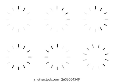 Minimal rotating bar loading spinner icon vector illustration set for user interface animation buffer design and modern web progress element.