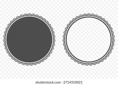 Conjunto de marco redondo mínimo con contornos festoneados decorativos. Etiqueta retro del círculo negro aislada. Ideal para papelería de boda, maqueta de embalaje, tarjeta hecha a mano, pegatina, insignia