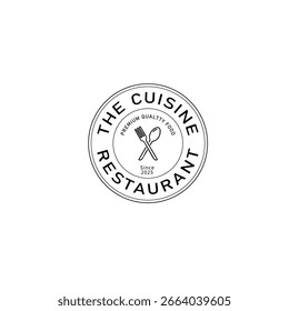 Logotipo de restaurante redondo mínimo con tenedor y cuchara en el centro. Ideal para la marca de alimentos o el diseño de menús.