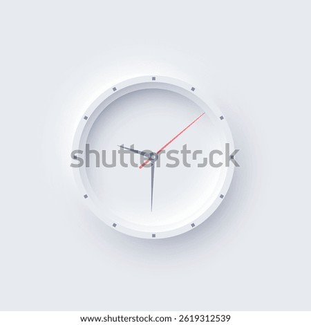Minimal round wall clock with simple hour marks and modern design. Elegant analog clock in neomorphism style on light grey background. Vector illustration.