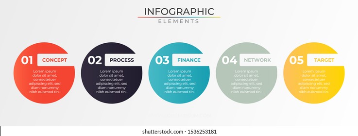 Minimal rounded infographic with 5 horizontal row of circle colorful shape. Timeline process template. Modern vector art for company or corporate business project and presentation. Trendy Eps10 design