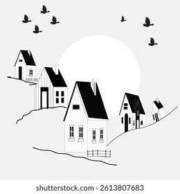minimal rural landscape featuring houses on hills with flying birds in a peaceful morning scene


