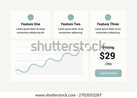 Minimal SaaS bento dashboard design featuring three feature tiles, a smooth line graph, and a pricing card on a clean white background with soft teal accents and subtle shadows.