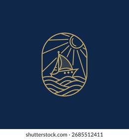 Minimal Sailboat At Sea Logo Vector Design – Nautical Line Art With Sun And Waves