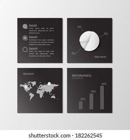 Minimal scalable tile design infographics with map and pins for report, presentation, statistics - black and white version