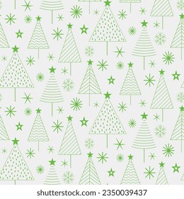 Minimal Scandinavian  green geometric Christmas trees seamless pattern in line art style with snowflakes and stars on white background. For Christmas backgrounds, fabric and gift wrapping paper