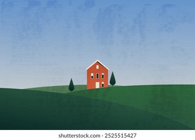 Minimal Scandinavian nature landscape. Geometric retro postcard with field, hills and red house, countryside horizontal poster, cover, banner, card design. Vector modern illustration.