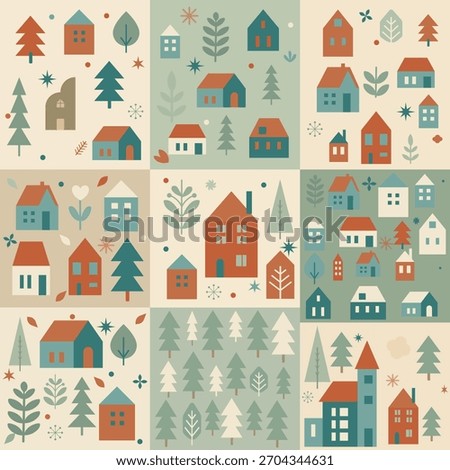 Minimal Scandinavian village pattern in rust terracotta and dusty teal tones. Perfect for textiles, wrapping paper, wallpaper, kids projects, and modern decorative surface design.