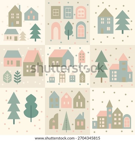 Minimal Scandinavian village pattern in soft sage and muted blush tones. Perfect for textiles, wallpapers, gift wrap, packaging, kids design, and modern surface pattern applications.
