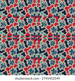 Minimal Scandinavian-inspired floral pattern with geometric flowers in red and blue tones. Perfect for modern fabric, stationery, and surface design.