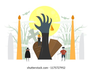 Minimal scary scene for halloween day, 31 October, with monsters that include dracula, pumpkin man, frankenstein. Vector illustration isolated on white background.