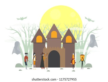 Minimal scary scene for halloween day, 31 October, with monsters that include glass, frankenstein, umbrella, witch woman, cat. Vector illustration isolated on white background.