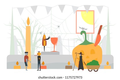 Minimal scary scene for halloween day, 31 October, with monsters that include glass, pumpkin man, frankenstein, umbrella, witch woman. Vector illustration isolated on white background.