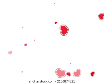 Minimal scattered hearts confetti valentine background. Modern holiday banner backdrop. Ruby red hearts love pleasure symbols isolated on transparent background. Birthday cute decor.